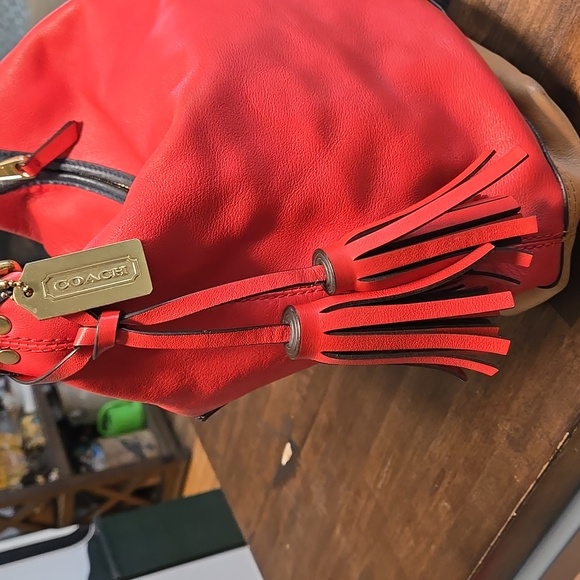 Coach Legacy Colorblock Duffle Leather Red Tassel Coach Tag Red Navy Tan Supple - Picture 8 of 15